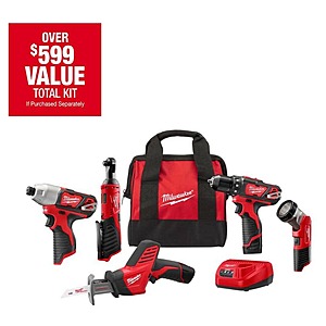 5-Tool M12 12V Lithium-Ion Cordless Combo Kit w/ (2) 1.5 Ah Batteries, Charger and Tool Bag $199 + Free Shipping