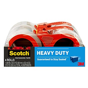 Scotch Heavy Duty Shipping Packing Tape, Clear, Shipping and Packaging Supplies, 1.88 in. x 54.6 yd., 4 Tape Rolls with 4 Dispensers $13.70 at Amazon