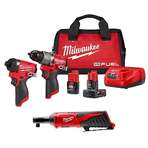 3-Tool Milwaukee M12 Combo Kit w/ FUEL Hammer Drill + FUEL Impact Driver + Ratchet  $199