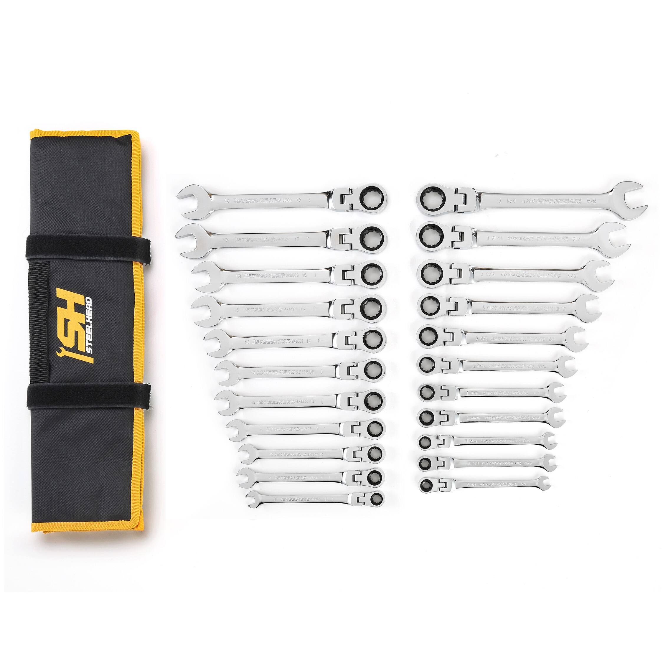 STEELHEAD 22-Piece SAE & Metric 12-Point Solid & Flex-Head Ratcheting Combination Wrench Sets (SAE: 1/4-3/4”, Metric: 8-18mm), Chrome Vanadium, 72-Tooth Gearing from $44.99