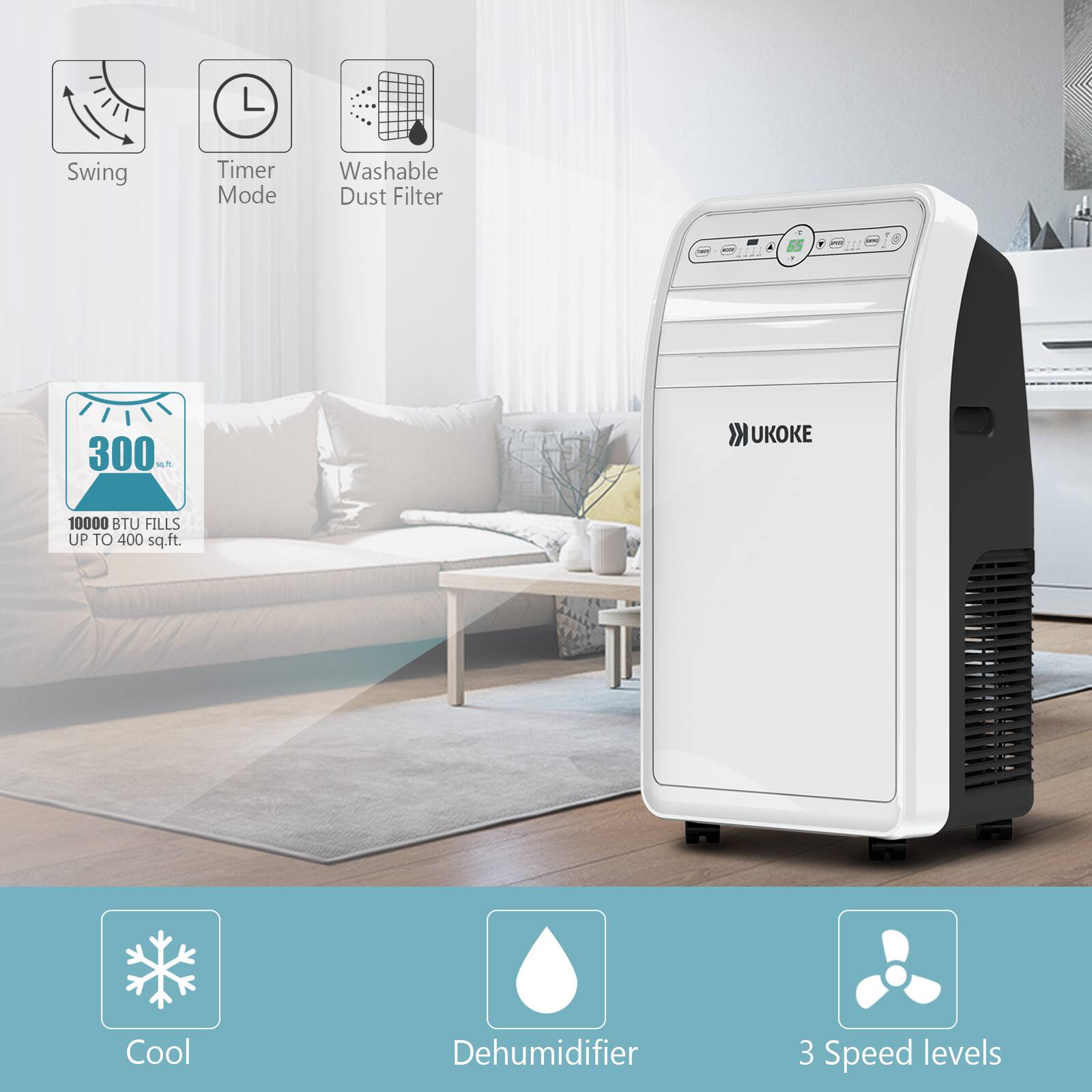 $365|Ukoke USPC02S Smart Wifi Portable Air Conditioner, Works with Mobile App Control, 10000BTU, 3 in 1 AC Unit with Cool, Dehumidifier & Fan, up to 300 Sq. ft + FS