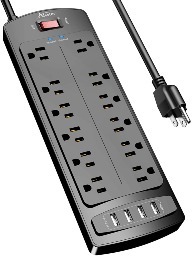 Alestor Surge Protector with 12 Outlets and 4 USB Ports, 6 Feet Extension Cord for $17.99 + Free Shipping w/ Prime or orders $25+