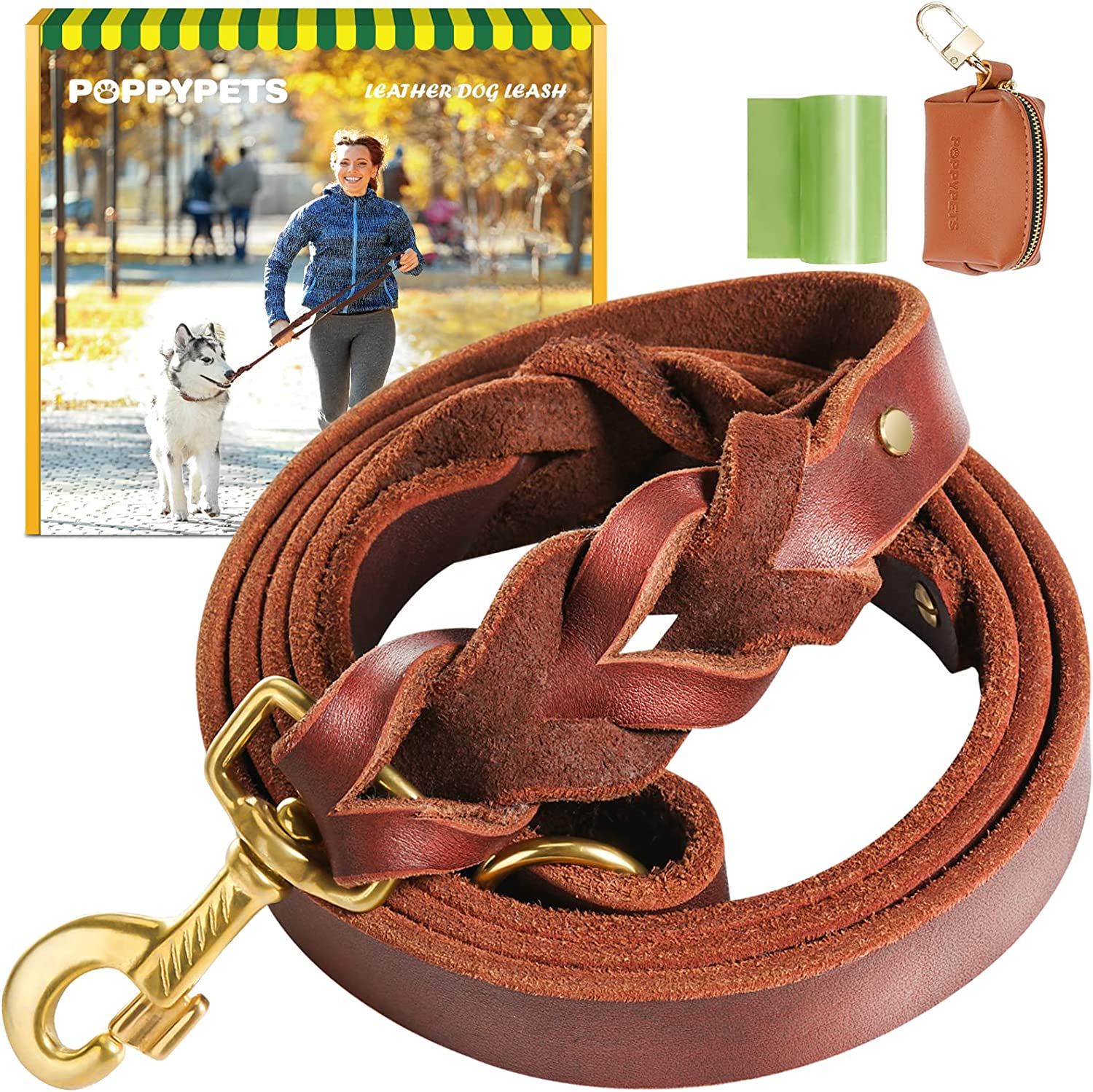 POPPYPETS 6' Long Leather Dog Leash with Waste Bag Dispenser from $8.22 + Free Shipping with Prime or $25+
