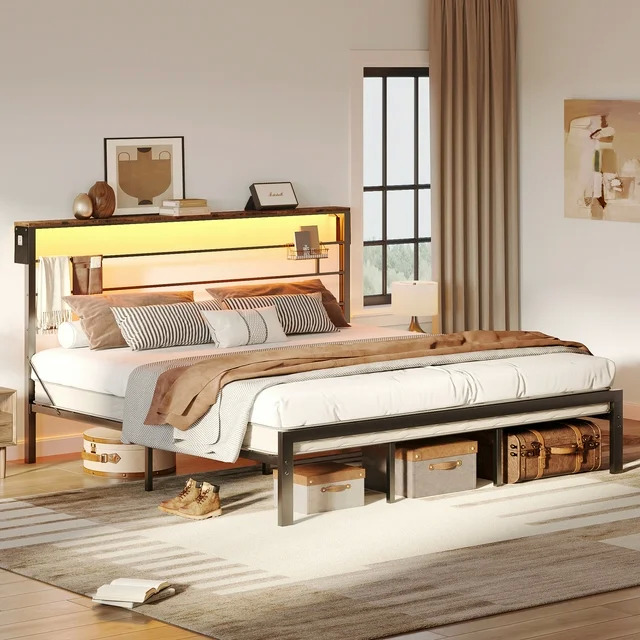 Bestier Bed Frame with 49.2" High LED Lights Headboard Shelf: Twin $80, Full $120, Queen $130, King $140 + Free Shipping