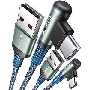 2-Pack 3.3' USB-A to Right Angle USB-C 3.1A Fast Charging Cable .30