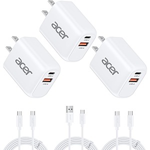 3-Pack Acer 20W Dual Port USB-A/USB-C Charger w/ 3-Pack 6.6' USB-C Cables $12.91 & More + Free Shipping w/ Prime or orders $35+