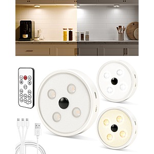 EZVALO 3-pk Dimmable Rechargeable Motion Sensor Under Cabinet Light w/ Remote $10 