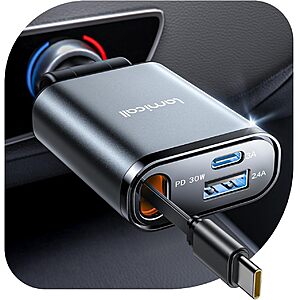 Lamicall Car Charger w/ 30W Retractable USB-C up to 57W Total Output (Gray) $10 
