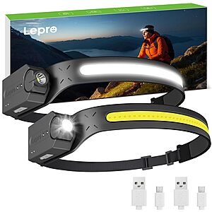 2-Pack Lepro Super Bright Rechargeable Headlamps w/ 230° Wide Beam $16 