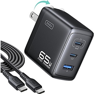 INIU Up to 65W 3-Port Charger Block w/ 5-ft USB-C Cable (2x USB C, 1x USB A)