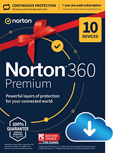 Norton 360 Premium, 2023 Ready, Antivirus software for 10 Devices with Auto Renewal - Includes VPN, PC Cloud Backup & Dark Web Monitoring [Download]: $19.99