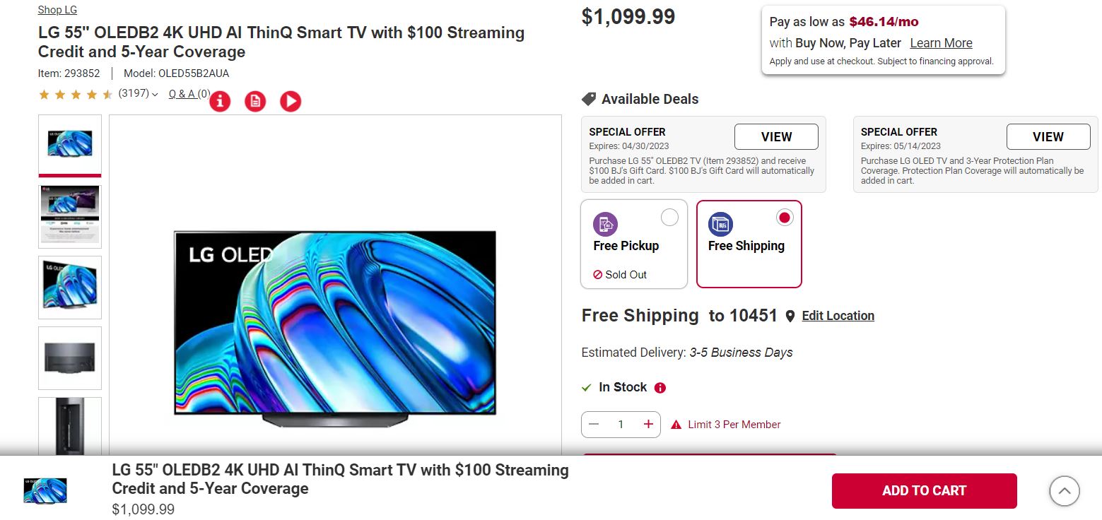 LG 55" OLEDB2 4K UHD AI ThinQ Smart TV with 100 BJ's Gift Card and 5