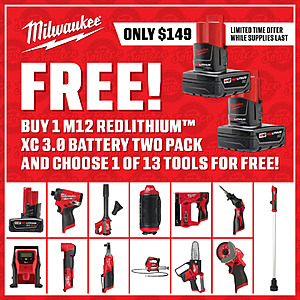 2-Pack 3.0 Ah Milwaukee M12 REDLITHIUM XC 3.0 Batteries + 1x Select Bare Tool $149 + Free Shipping