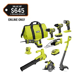 DOTD Ryobi ONE+ 18V Cordless 9-Tool Combo Kit with 1.5 Ah Battery, 4.0 Ah Battery, Charger, and Tool Bag $329