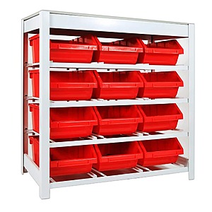 4-Tires 12 Bins Steel Boltless Bin System Garage Storage Shelving Units in White (33 in. W x 35 in. H x 15 in. D) $199