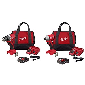 Milwaukee M18 18V Lithium Ion Brushless Cordless 1/2 in Compact Drill & Impact Driver w/(2) 2.0 Ah Batteries, Charger, Tool Bag $219
