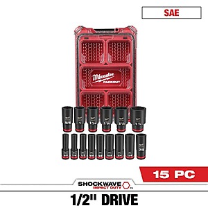 Milwaukee SHOCKWAVE Impact-Duty 1/2 in. Drive SAE Deep Well Impact PACKOUT Socket Set (15-Piece)