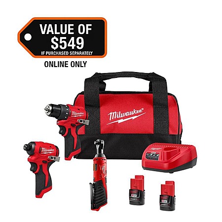 Milwaukee M12 12V Subcompact Drill &Impact Driver Combo Kit with 3/8in Ratchet, 2 Batteries & Bag $199
