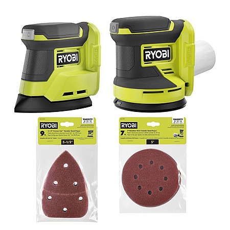 Ryobi ONE+ 18V Cordless 2-Tool Combo Kit w/ Random Orbit Sander & Corner Cat Finish Sander (Tools Only) w/ Assorted Sandpaper $70