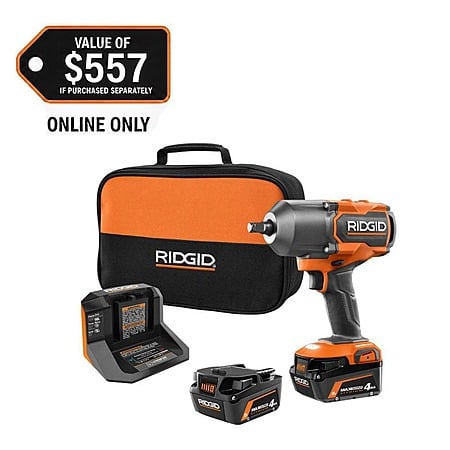 Rigid 18V Brushless 4-Mode 1/2 in. High-Torque Impact Wrench Kit with (2) 4.0 Ah Lithium-Ion Batteries and Charger $199