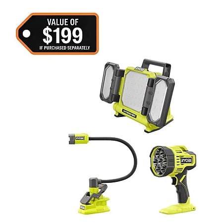 Ryobi ONE+ 18V 3-Tool Lighting Kit with Hybrid Panel Light, Spotlight and Flexible Clamp Light (Tools Only) $75