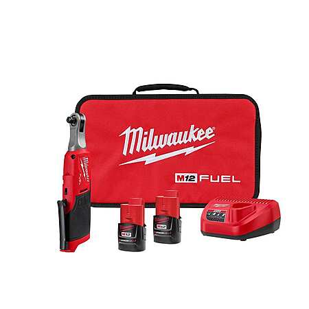 Milwaukee M12 FUEL 12V Lithium-Ion Brushless Cordless High Speed 3/8 in. Ratchet Kit w/(2) Batteries, Charger and Bag $160