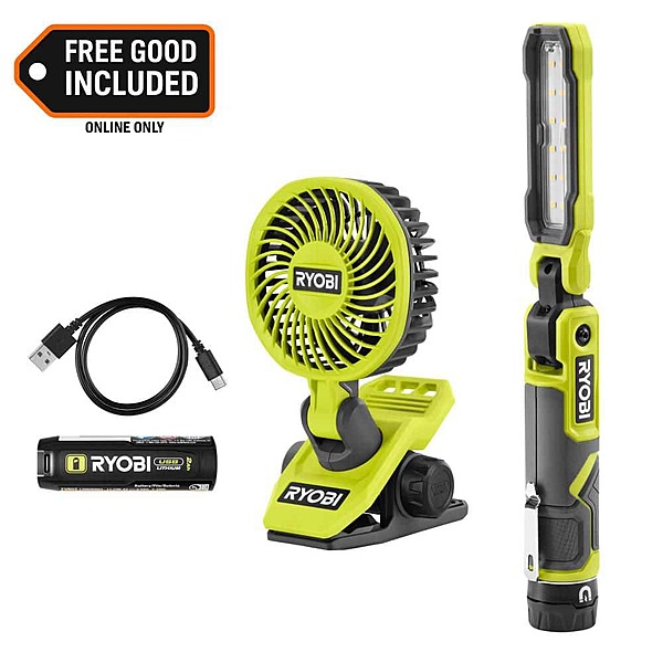 RYOBI USB 550 Lumens Rechargeable Inspection Flashlight Kit w/ Cordless Clamp Fan