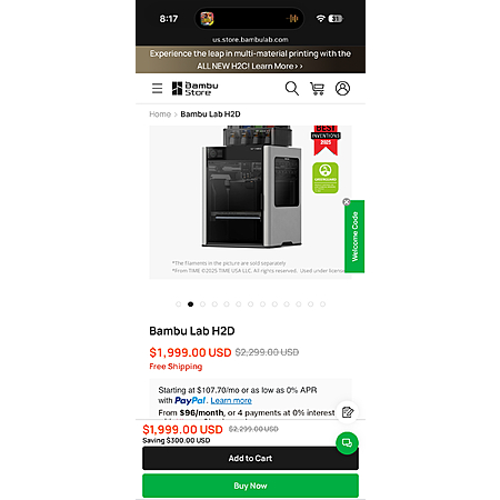 Save $300 on bambu lab H2D 3D Printer!
