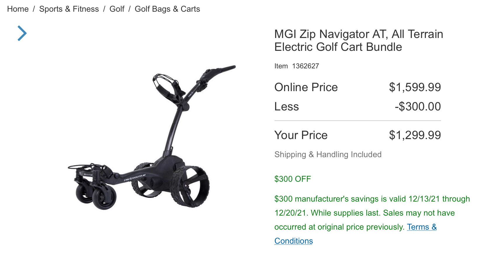 MGI ZIp Navigator All Terrain Electric Golf Cart Bundle 1299.99
