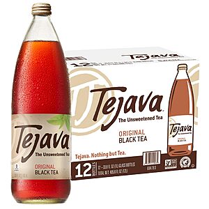 Tejava Original Unsweetened Black Iced Tea, 12 Pack, 1 Liter Glass Bottles, Non-