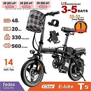 Terrosor T5 14" 560W Folding Electric Bike 20mph  25-32 miles Range $177 + Free S&H