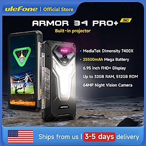 Ulefone Armor 34 Pro+ 5G 32GB+512GB 6.95in Rugged Smartphone Dual SIM Slots 25500mAh 6.95" 120Hz Display Built-in Projector $475 + Free Shipping
