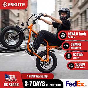 ESKUTE V101 Electric Dirt Bike 1500W Peak Motor 16 in x 4in Fat Tire 28mph 624WH Battery Black $397 + Free Shipping