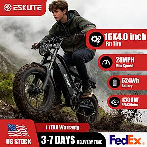 Eskute V100 Electric Bike 1500W Peak 28mph 48V 13Ah 16in x 4in Fat Tire 7-Speed Dual Suspension Orange $379 + Free S/H