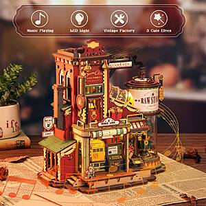 ROKR 449-PCS Dream Gift Factory Wooden 3D Puzzle: DIY Mini Dollhouse Model Kit w/ Music & LED Lights $39 + Free S/H
