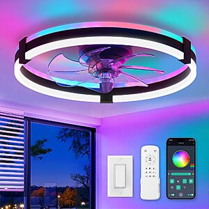 ZMISHIBO 20in RGB Low Profile 6-Speed (Black) Ceiling Fan w/ Light, APP + Remote Control $60 + Free S/H