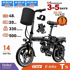 Terrosor T5 14in 560W Motor 48V 10.4AH Folding Electric Bicycle 20mph 25-32 mile Range $163 + Free S/H