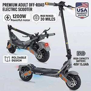 Blikydom 1200W Premium Electric Scooter Off-Road Capable 35mph 48V 15.6Ah Dual Suspension, Integrated Headlight + Taillight $299 + Free S/H