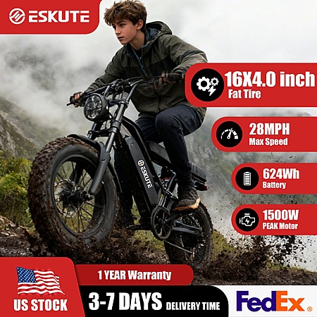 ESKUTE V100 1500W 28mph 48V/13Ah 16"x4" Fat Tires 7-Speed Dual Suspension Electric Mountain Bike $369.50 + Free Shipping