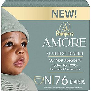 YMMV Pampers Amore, Size 0 (up to 10 lbs), 76 Count, Our Best Diaper Hypoallergenic & Fragrance Free, Up to 100% Leakproof, Soft as Cashmere - $22.35 w/ Coupon and Subscribe & Save