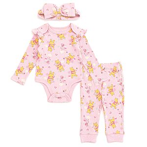 Disney Winnie the Pooh Newborn to 24 Months! Baby Girls Ribbed Bodysuit, Jogger Pants and Headband 3 Piece Outfit Set Soft Pink, 365 DAY LOW PRICE, $19.99 @ Amazon