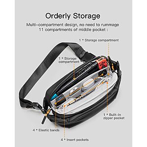 Inateck Sling Bag X, Multi-pocket Crossbody Shoulder Chest Bag with Adjustable Shoulder Strap, Black, Large $29.99