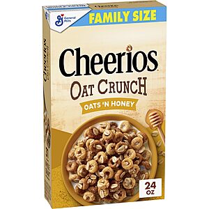 Cheerios Oat Crunch Oats 'N Honey Breakfast Cereal,Made with Whole Grain,Family Size,24 oz~$2.36 With S&S @ Amazon