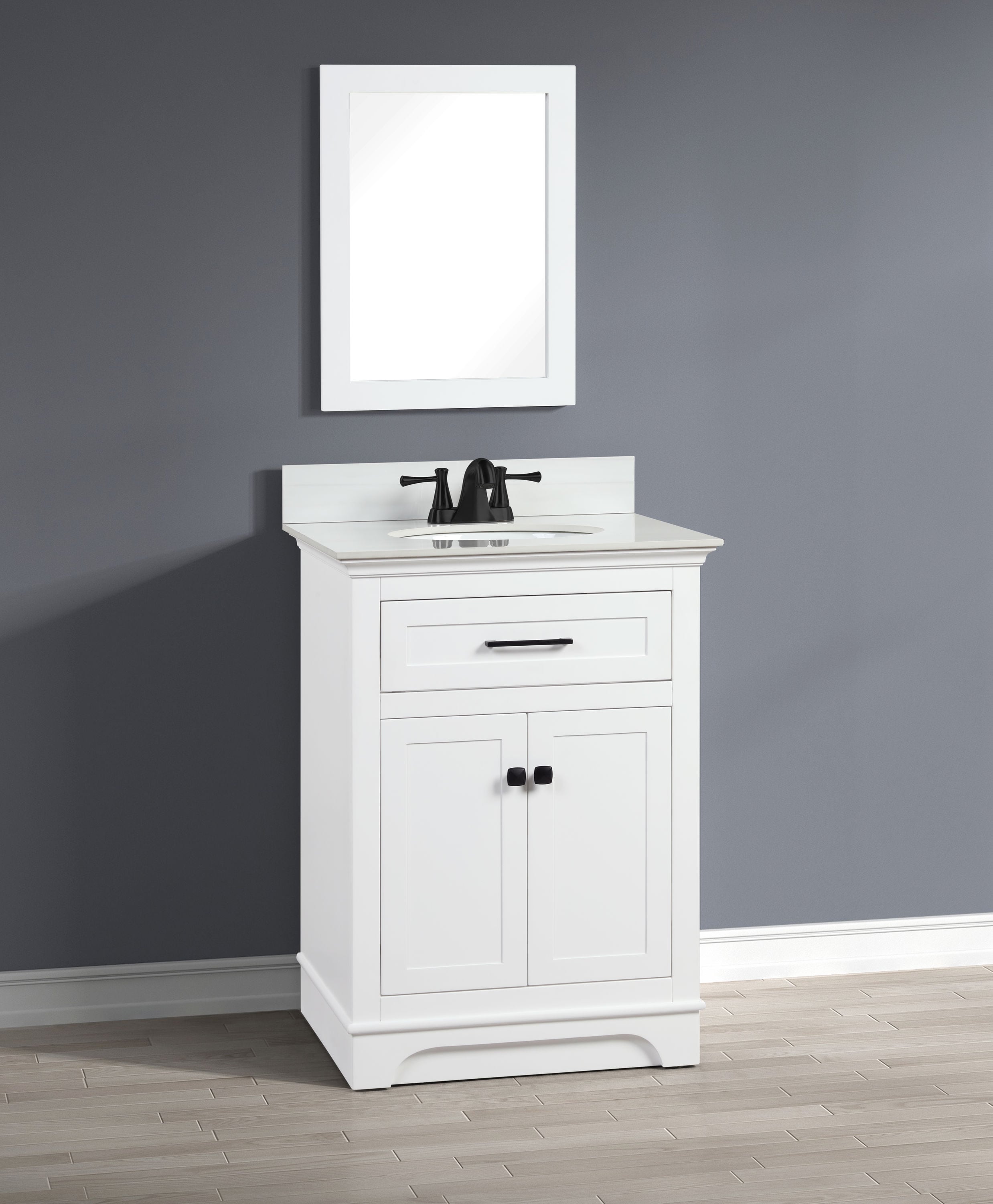 Style Selections Linden 24-in White Bathroom Vanity Dolomiti Bianco Sintered Stone Top with Undermount Sink & Mirror $229 at Select Lowe's locations