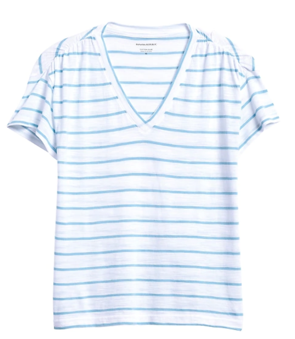 Banana Republic: Women's Slub Cotton-Modal Ruched Tee $6, Men's Polos from $15, Slim-Fit Luxe Poplin Shirt or Canvas Espadrille Slides $16+ Free Store Pickup