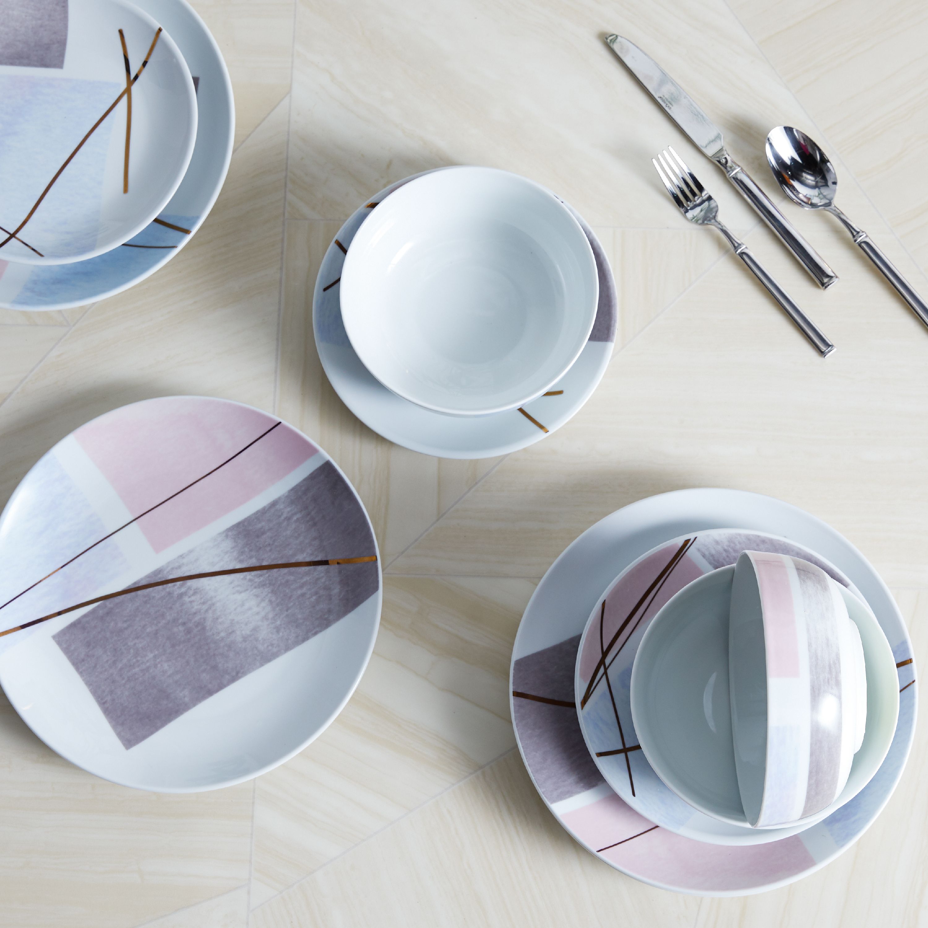 4-Pc MODRN Porcelain or Stoneware Salad Plates $8, 12-Pc Glam Geo Mauve Porcelain Dinnerware Set $23 + FS on $35+