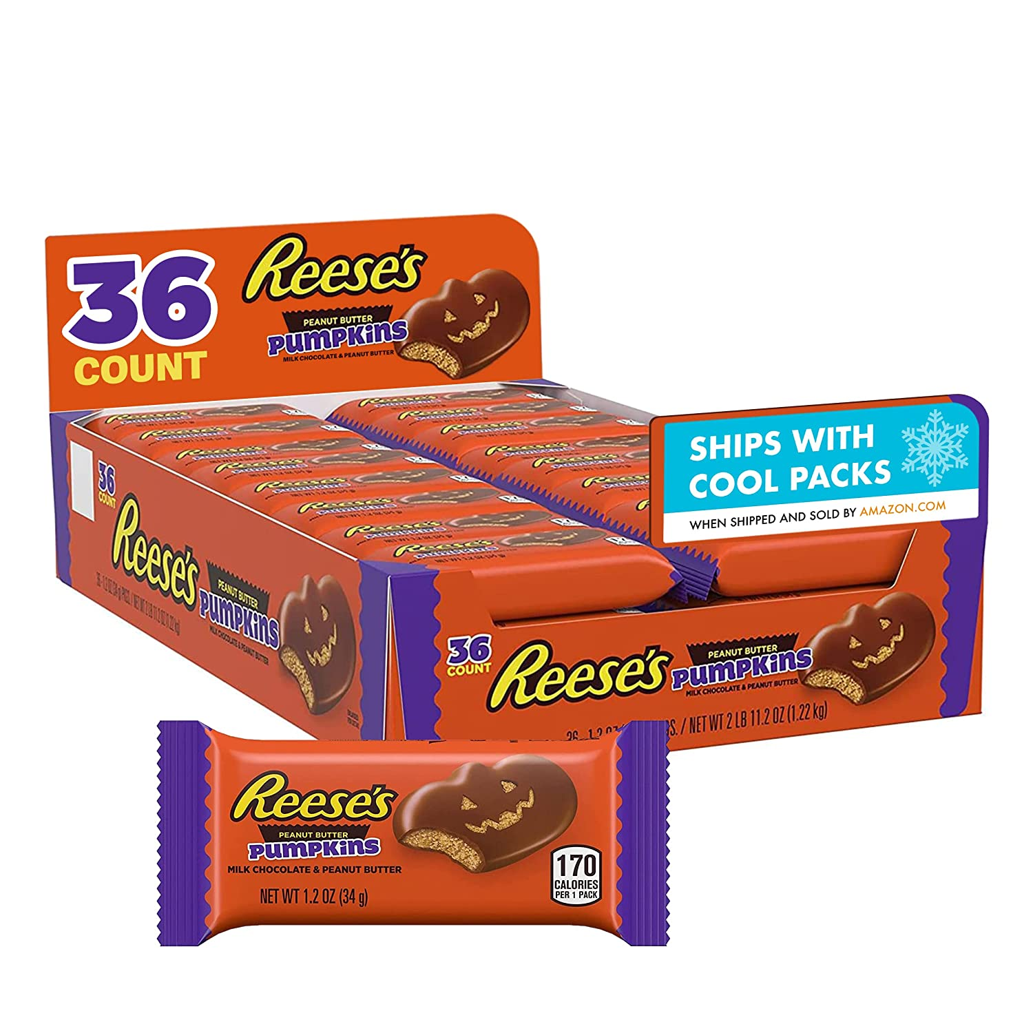Amazon.com : REESE'S Milk Chocolate Peanut Butter Pumpkins Candy, Bulk Halloween, 1.2 oz Packs (36 Count) : Seasonal Candies And Chocolates : Grocery & Gourmet Food $25.46