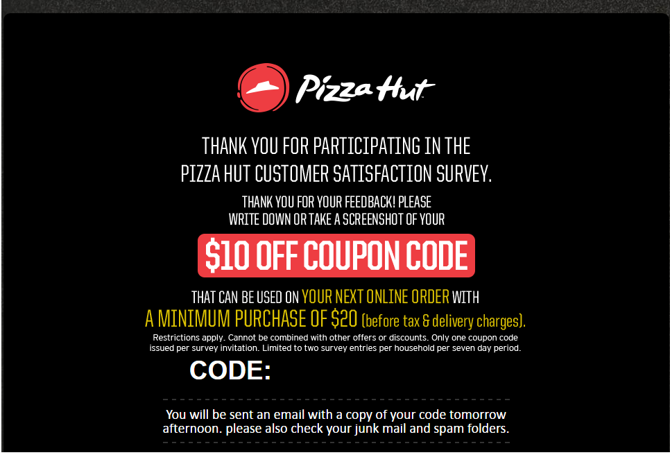Save 10 On Your Next Pizza Hut Purchase Over 20 Survey