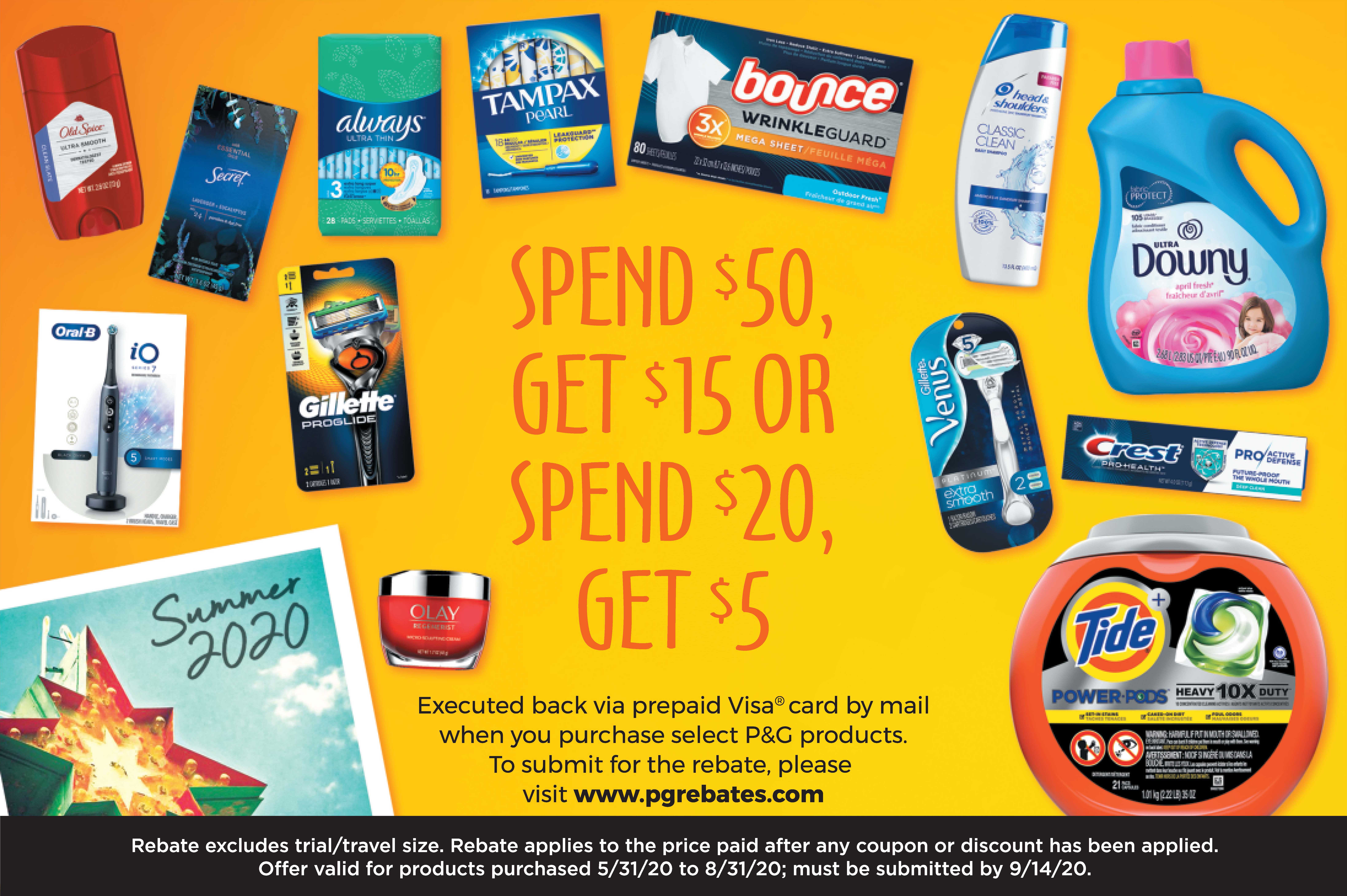 Get a $15 VISA prepaid card when you spend $50 on P&G products! Or a $5 GC with a $20 purchase!