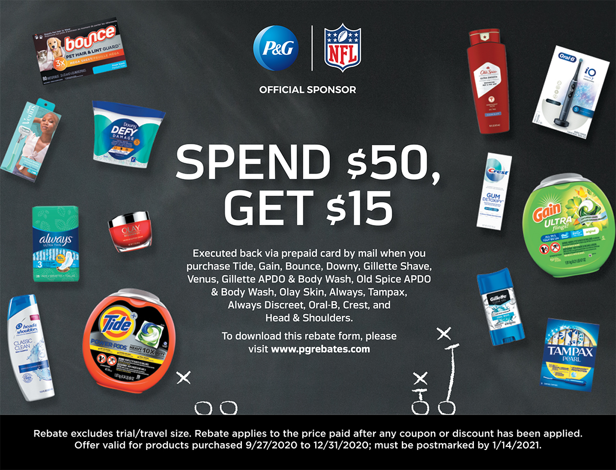 Get a $15 VISA prepaid card when you spend $50 on select P&G products!